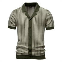 Mens Knit Polo Shirts Vintage Button Stripe Casual Short Sleeve T-Shirt Golf Button Down Vintage Sweater Tops