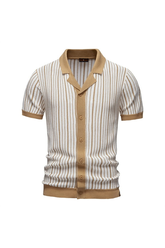 Mens Knit Polo Shirts Vintage Button Stripe Casual Short Sleeve T-Shirt Golf Button Down Vintage Sweater Tops