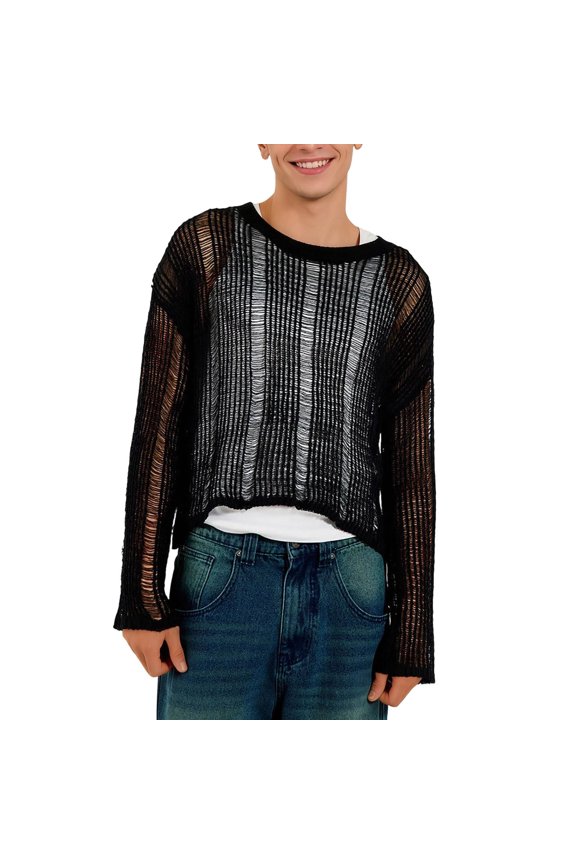 Mens Knit Polo Stretch Open Long Sleeved Loose Fit Style Beach Vacation Clothes for Men,Black,XL