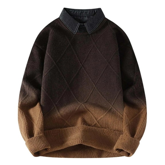 Mens Knit Polo Sweater Stripes Patchwork Shirts Comfortable Outerwear Winter Clothes with Pockets, Coffee, Size L