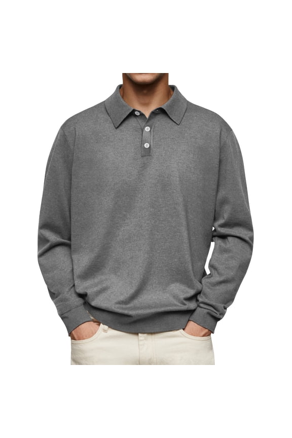 Mens Knit Polo Sweaters Long Sleeve Polo Lightweight Casual Button Dress Collar Pullover Cozy Sweaters Gray XL