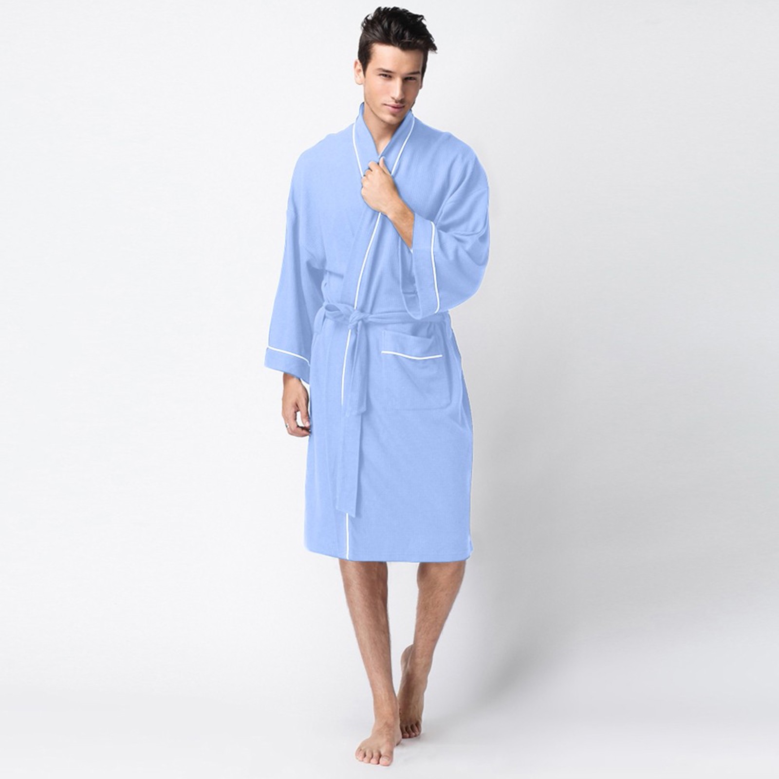 Mens Knit Robe Lightweight Summer Cotton Blend Bathrobe Light Blue L