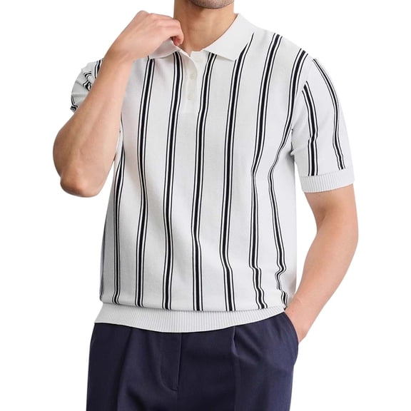 Mens Knit Shirt Short Sleeve Striped Quarter Zip Shirts White XXL
