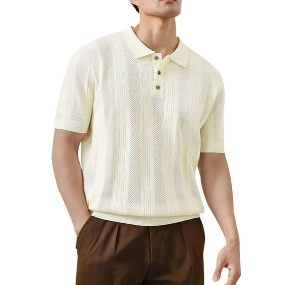 Mens Knit Shirts Short Sleeve Textured Knitted Shirt Casual T Shirt Beige M