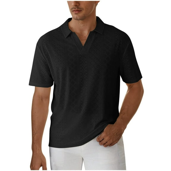 Mens Knit Shirts Vintage Short Sleeve V Neck Shirt Casual Summer Beach Shirt Lapel Eyelet Tops