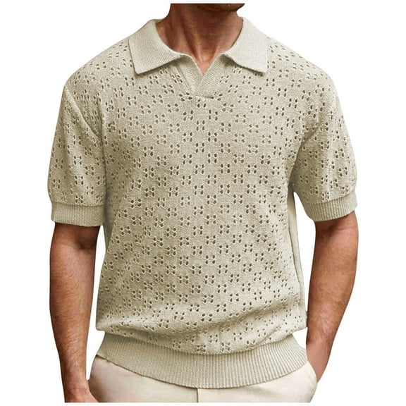Mens Knit Short Sleeve Polo Shirts Casual V Neck Hollow Out Pullover Loose Solid Color Golf Blouse