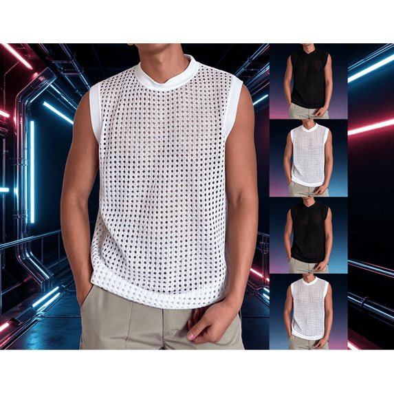 Mens Knit Sleeveless Tank Tops Mesh Fishnet Casual Hollow Out T Shirts Beach Summer See Through Crew Neck Tee Tops Big and Tall Size M-4XL White
