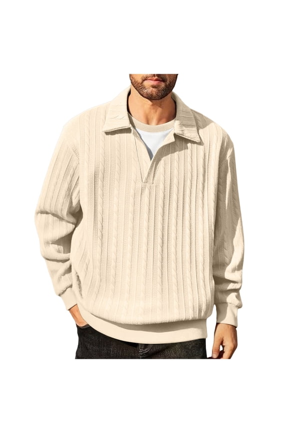 Mens Knit Sweatshirts Casual Loose Fit Lapel V Neck Shirts Trendy Lightweight Sweaters Fashion Business Dress Pullover (3XL, White)