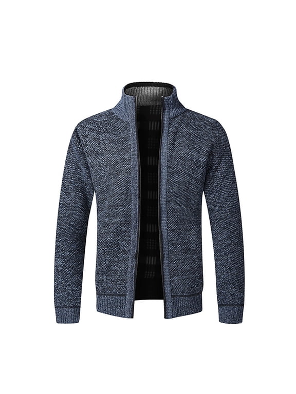 Mens Knitted Cardigan Casual Jumper Stand Up Collar Sweater Zipper Jacket Fleece Lined Warm Navy XXXXL