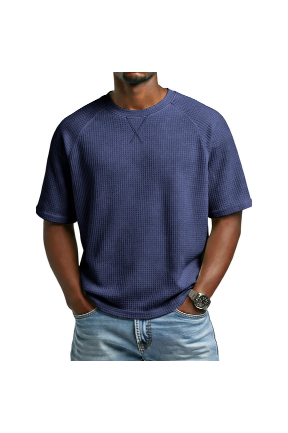 Mens Knitted Elbow Sleeve Shirts Casual Cross Stitching Reglan Crewneck Tees Lightweight Fashion Cotton Blend Comfy Tshirts