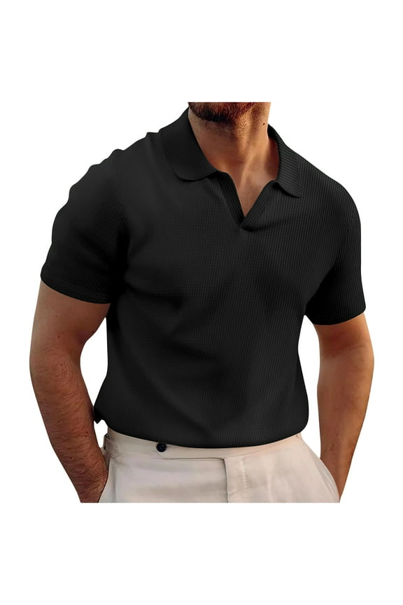 Mens Knitted Polo Shirt Muscle Short Sleeve V Neck Stretch Casual Slim Fit Vintage Ribbed Golf T-Shirt Black L