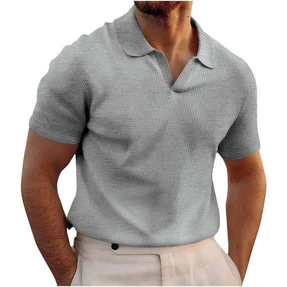 Mens Knitted Polo Shirt Muscle Short Sleeve V Neck Stretch Casual Slim Fit Vintage Ribbed Golf T-Shirt Gray S