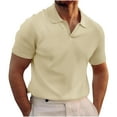 thumbnail image 1 of Mens Knitted Polo Shirt Muscle Short Sleeve V Neck Stretch Casual Slim Fit Vintage Ribbed Golf T-Shirt Khaki S, 1 of 5