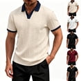 thumbnail image 1 of Mens Knitted Polo Shirts Jacquard Textured Short Sleeve Golf Tees V Neck Collared Casual Polo Shirt, 1 of 7
