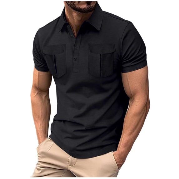 Mens Knitted Pullover Business Casual Button Down Short Sleeve Summer T-Shirt with Pockets Fathers Gift
