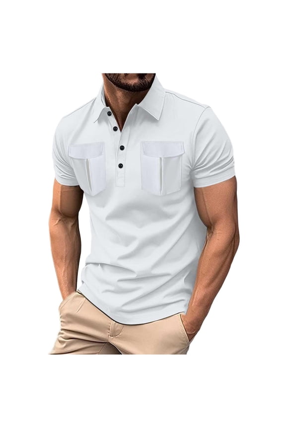 Mens Knitted Pullover Business Casual Button Down Short Sleeve Summer T-Shirt with Pockets Fathers Gift