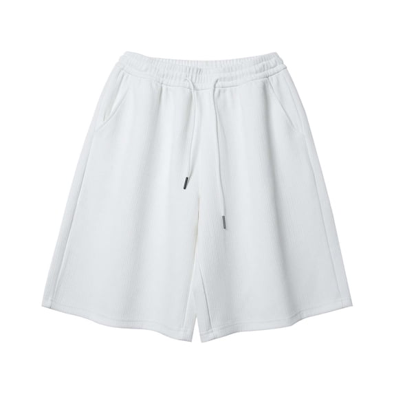 Mens Knitted Ribbed Casual Shorts Drawstring Elastic Waist Solid Color Pockets Short Pants Fathers Gift