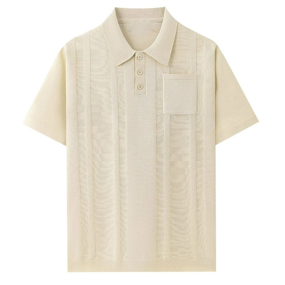 Mens Knitted Shirts with Pocket Short Sleeve Button-Down Collared T-Shirts Casual Solid Color Breathable Stretchy Slim Lapel Tees Tops