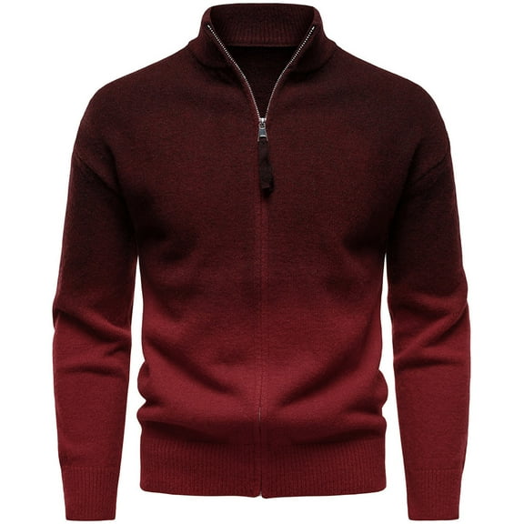 Mens Knitted Sweater Cardigan Front Zip Stand Collar Gradient Color Fashion Casual Knitwear Long Sleeve Outerwear (L, Wine)