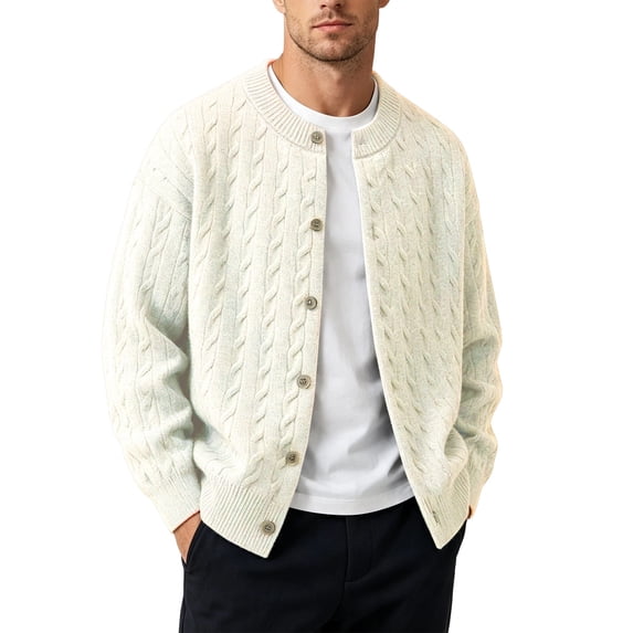 Mens Knitted Sweater Tops Hooded/Hoodless Sweater Cardigan Fall Winter Jumpers for Men W006-White Size L