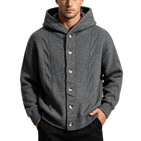 Mens Knitted Sweater Tops Hooded/Hoodless Sweater Cardigan Fall Winter Jumpers for Men W007-Dark Gray Size L