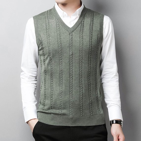 Mens Knitted Sweater Vest V-Neck Sleeveless Vest Top (Army Green XL)