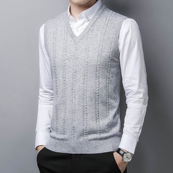 Mens Knitted Sweater Vest V-Neck Sleeveless Vest Top (Light Gray XXL)