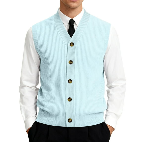 Mens Knitted V Neck Vest 2026 Button Down Sweater Vest Sleeveless Lightweight Cardigan Solid Color Casual Dressy Fall Winter Light Blue M