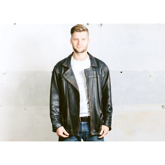 Mens LEATHER Jacket Vintage Moto Black Motorcycle Biker Wear Zip Punk Worn In Outerwear Hard Rock