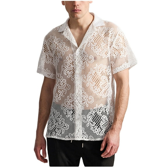 Mens Lace Shirt Summer Casual Floral See Through Short Sleeve Button Down Shirts