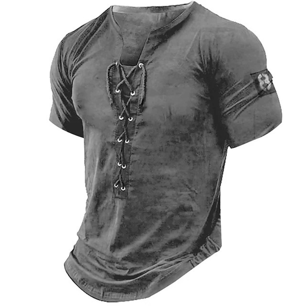 Mens Lace Up Muscle Slim Fit TShirt Short Sleeve Gym Sport Fitness Tee Tops