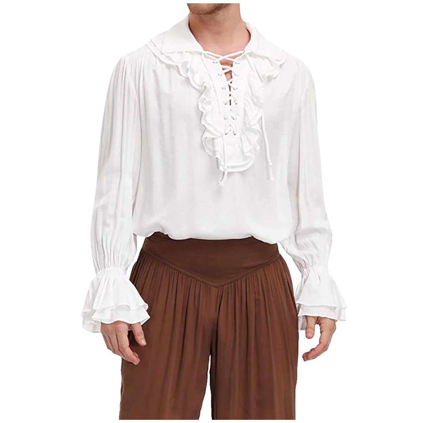 Mens Lace Up Ruffled Pirate Shirts Long Sleeve Victorian Steampunk  Renaissance Costume Medieval Gothic Cosplay Tops 