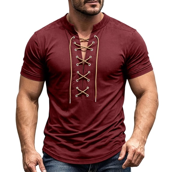 Mens Lace Up Tshirt Short Sleeve V Neck Casual Summer Beach Vacation Top Wine S