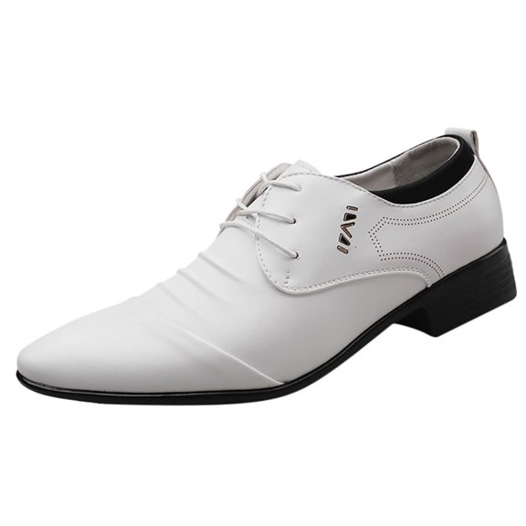 Mens Lace Up White Leather Shoes Casual Pointed Toe Business Oxford Shoes Comfortable Low Heel Slip On Loafers