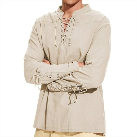 Mens Laced Shirt Medieval Pirate Top Renaissance Viking Hippie Halloween Cosplay Costume Beige L