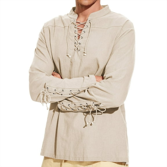Mens Laced Shirt Medieval Pirate Top Renaissance Viking Hippie Halloween Cosplay Costume Beige L