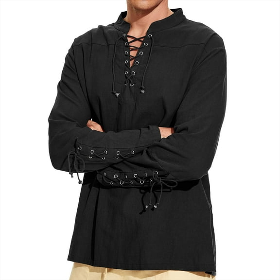 Mens Laced Shirt Medieval Pirate Top Renaissance Viking Hippie Halloween Cosplay Costume Black XL