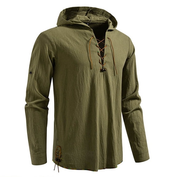 Mens Laceup Long Sleeve Drawstring Hooded Solid Color Long Sleeved Hooded Drawstring Casual Top Army Green XL