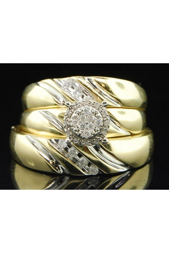 Mens/Ladies 10K Yellow Gold Diamond Engagement Ring Wedding Band Bridal Set Trio