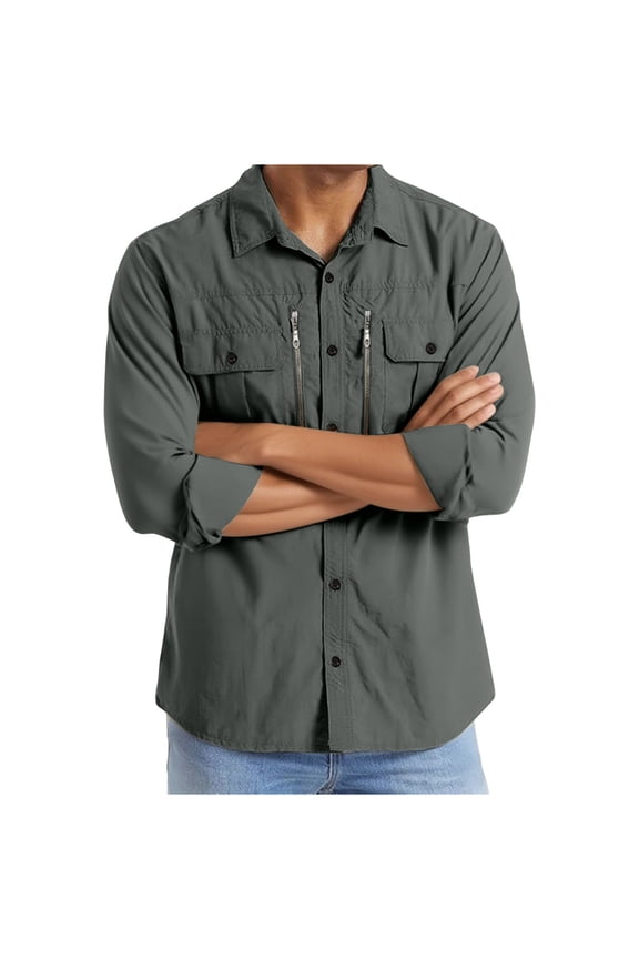 Mens Lapel Button Down Shirts Casual Long Sleeve Zip up Cotton Lightweight Shirt Fall Loose Work Tops with Pockets Gray L