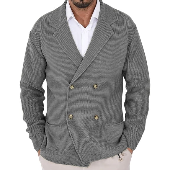 Mens Lapel Collar Cardigan Sweaters Double-Breasted Knit Textured Jackets Plus Size Long Sleeve Fall Outwear With Pockets Gray Xxl