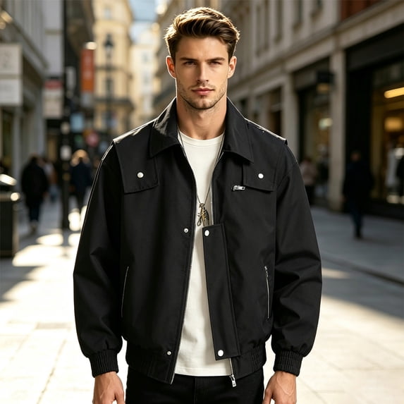 Mens Lapel Collar Functional Cargo Outerwear, American Street Multi Pocket Wind Jacket, Spring Autumn Daily Coat