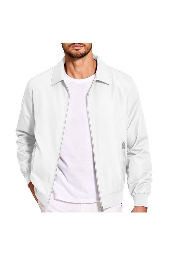 Mens Lapel Collar Zip up Casual Bomber Jacket with Zipper Pocket, Lightweight Long Sleeve Elastic Rib Cuff Golf Track Jacket for Spring Fall Daily Commute Travel White