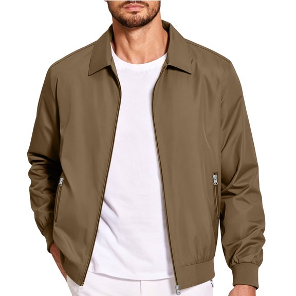 Mens Lapel Collar Zip up Casual Bomber Jacket with Zipper Pocket, Lightweight Long Sleeve Elastic Rib Cuff Golf Track Jacket for Spring Fall Daily Commute Travel Khaki