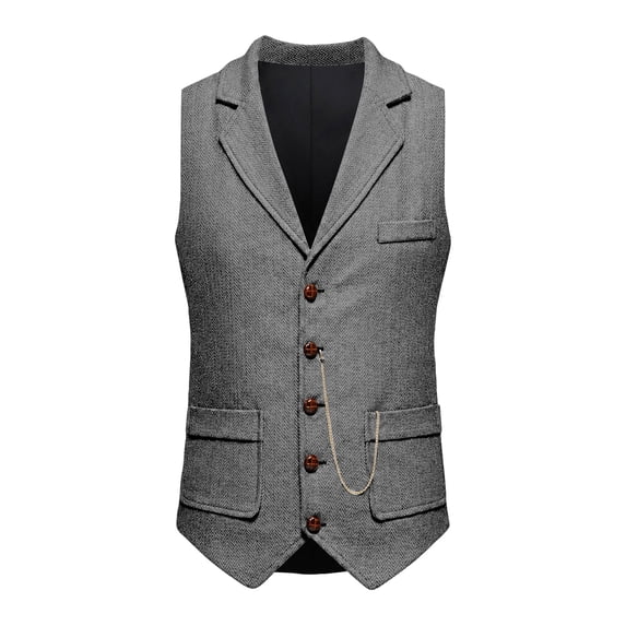 Mens Lapel Collarl Tweed Suit Vest Herringbone Single-Breasted Sleeveless formal Waistcoat Slim Fit Vests With Chain Detail,Pockets