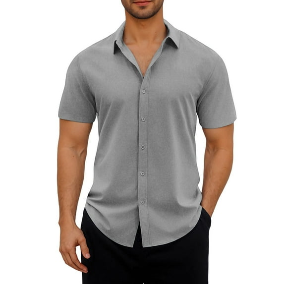 Mens Lapel Hawaiian Shirt, Short Sleeve Shirts for Men Summer Casual Loose Fit Solid Color Button Down Dressy Blouses