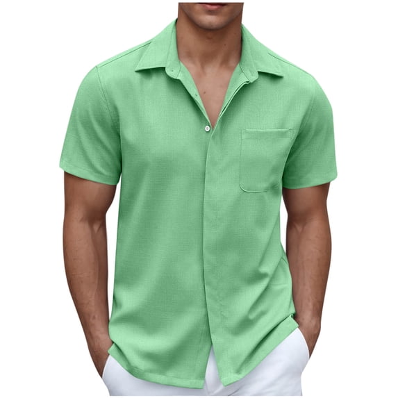 Mens Lapel Hawaiian Shirt, Short Sleeve Shirts for Men Summer Casual Solid Color Lapel Button Down T-Shirts with Pockets