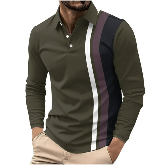 Mens Lapel T-Shirts, Long Sleeve Shirts for Men Big & Tall Casual Vintage Color Patchwork Button Up Long Sleeve T Shirts S-5XL