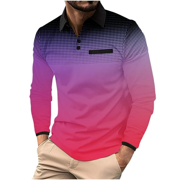 Mens Lapel T-Shirts with Pockets, Long Sleeve Shirts for Men Fall Fashion Loose Fit Ombre Tie Dye Button Up Tshirts S-3XL