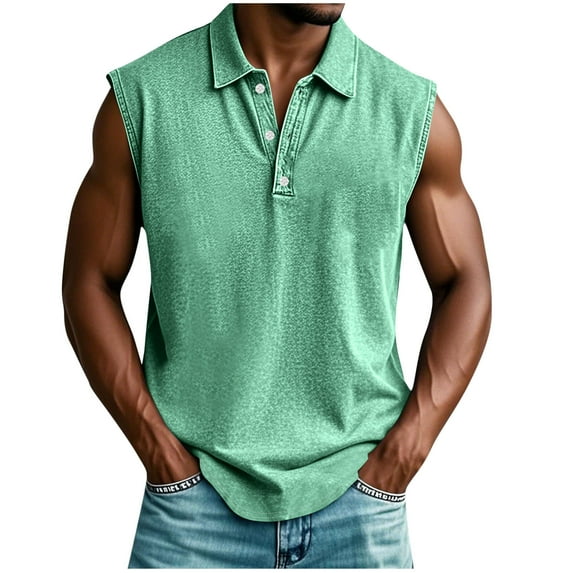 Mens Lapel Tank Tops, Sleeveless Shirts for Men Summer Casual Athletic Solid Color Button Up V Neck T-Shirts